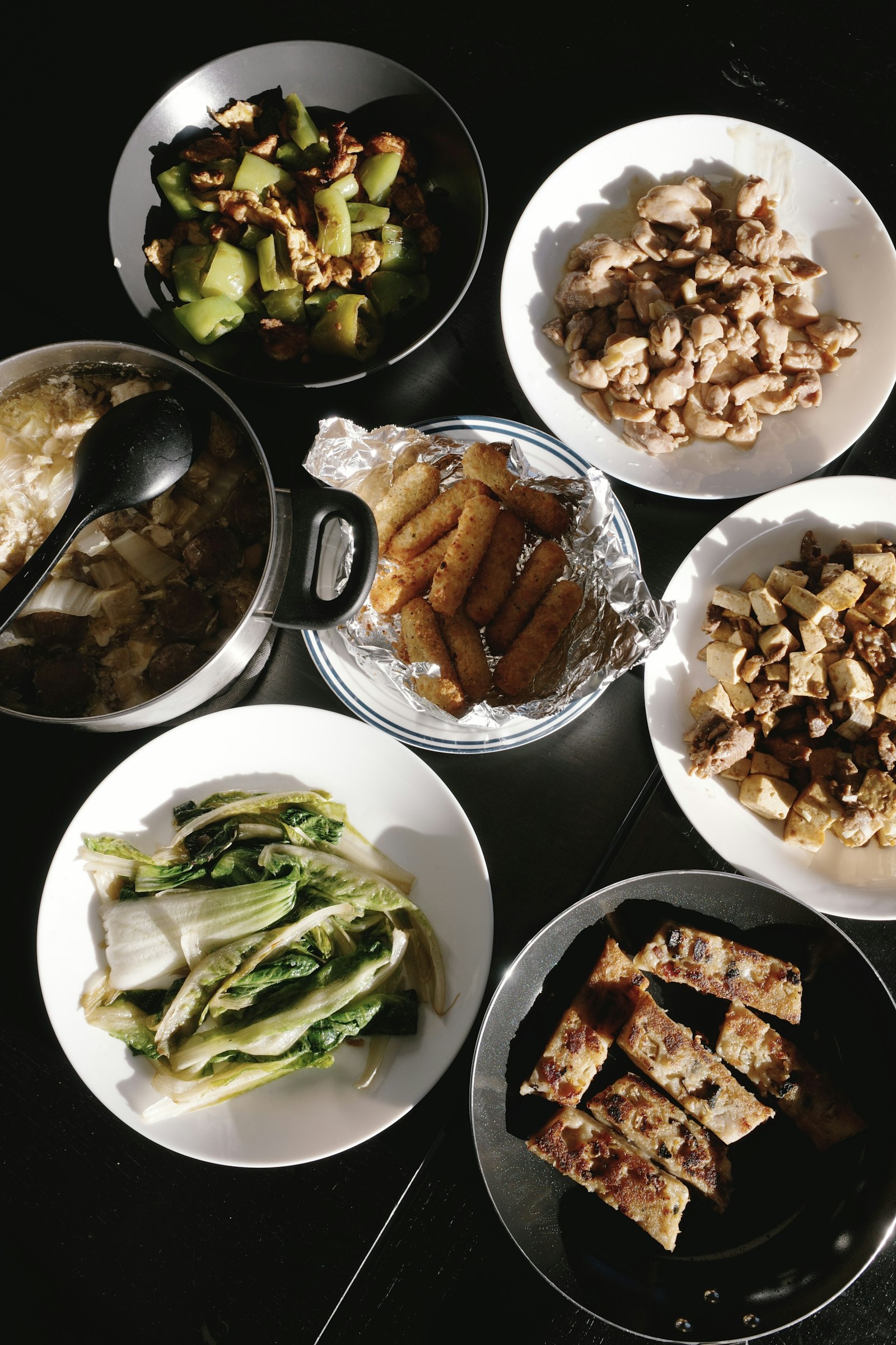 Family-style dinner spread